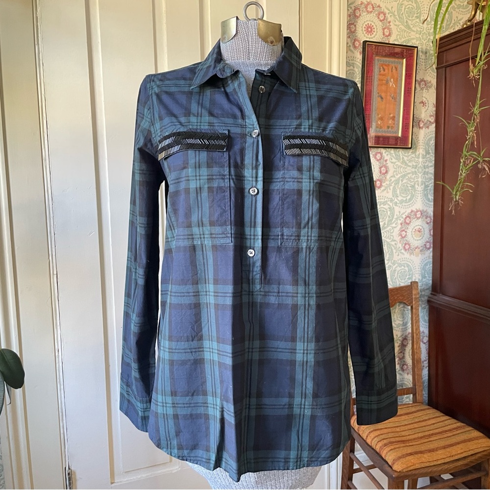 J CREW Green and Blue Plaid Long Sleeve Blouse with Beading on Pockets